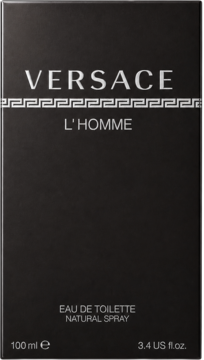 Czarne prostokątne pudełko perfum Versace L'Homme, męskie skórzane EDT 100 ml, z białym logo i wzorem.