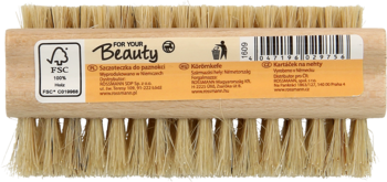 Drewniana szczoteczka do paznokci z naturalnym włosiem, widok z góry, z etykietą 'FOR YOUR Beauty'.