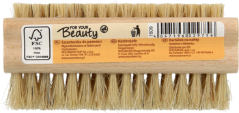 Drewniana szczoteczka do paznokci z naturalnym włosiem, widok z góry, z etykietą 'FOR YOUR Beauty'.