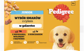 PEDIGREE Vital Protection Junior,karma pełnoporcjowa mokra dla szczeniąt, w galaretce, 2x z kurczakiem i ryżem, 2x z wołowiną i ryżem,przód