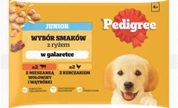 Pedigree Junior karma mokra, Wybór Smaków z rybem w galaretce, żółta saszetka, szczeniak.