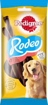 Pedigree Rodeo, żółte opakowanie z 7 skręconymi smakołykami dla dorosłych psów i golden retrieverem z przodu.