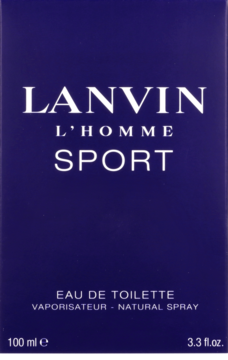 Granatowe pudełko Lanvin L'Homme Sport Eau de Toilette, z białymi napisami, widok z przodu.