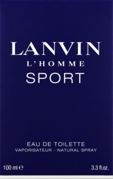 Granatowe opakowanie Lanvin L'Homme Sport, woda toaletowa dla mężczyzn, widok z przodu z białym napisem.