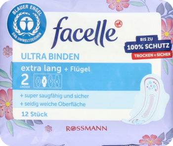 Fioletowe opakowanie podpasek Facelle Ultra extra lang + Flügel, z widoczną jedną białą podpaską i napisem 100% SCHUTZ.