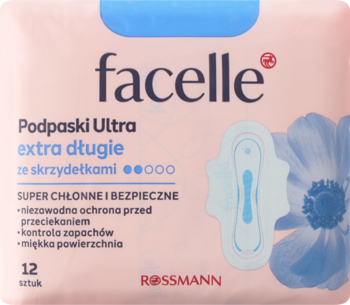 Opakowanie podpasek Facelle Ultra extra długie ze skrzydełkami Rossmann, 12 szt., różowo-niebieskie, widok z przodu.