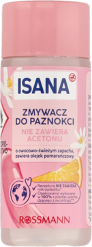 Isana zmywacz do paznokci bez acetonu w różowej butelce z grafiką pomarańczy, widok z przodu.