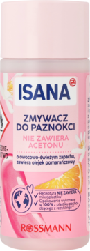 ISANA zmywacz do paznokci bez acetonu, różowa butelka, widok z przodu. Owocowy zapach z olejkiem pomarańczowym.