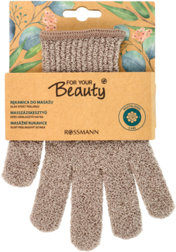 Beżowa peelingująca rękawica do masażu For Your Beauty Rossmann, widok z przodu na kartonowym opakowaniu.