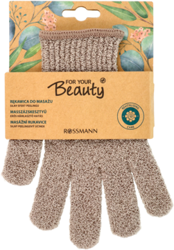 Beżowa peelingująca rękawica do masażu For Your Beauty Rossmann, widok z przodu na kartonowym opakowaniu.