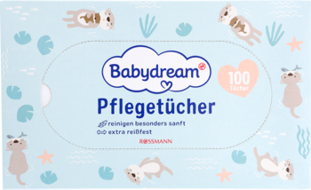 Chusteczki nawilżane Babydream Pflegetücher, 100 szt., jasnoniebieskie opakowanie z wydrami, przód.