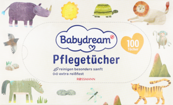 Białe opakowanie chusteczek Babydream Pflegetücher, 100 szt., z motywami zwierząt, do delikatnej skóry niemowląt.