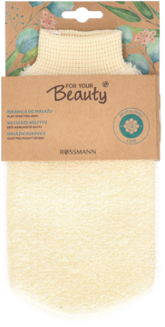 Rękawica peelingująca For Your Beauty Rossmann, kremowa z teksturą siateczki, na brązowym kartonie.
