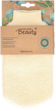 Rękawica peelingująca For Your Beauty Rossmann, kremowa z teksturą siateczki, na brązowym kartonie.