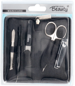 5-częściowy zestaw do manicure w czarnym skórzanym etui, widok z góry; nożyczki, pilnik, obcinacz.