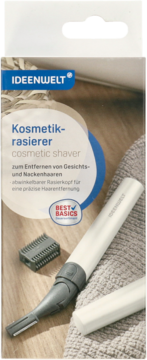 Opakowanie golarki kosmetycznej Ideenwelt do twarzy/karku, z biało-szarym trymerem i nasadką na drewnie.