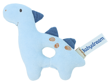 Miękka jasnoniebieska grzechotka w kształcie dinozaura z napisem Babydream, brązowe kropki, widok z boku.