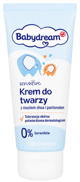 Babydream sensitive Krem do twarzy z masłem shea i pantenolem, biała tubka ze słoniami, widok przód.