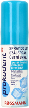 Prokudent mouth spray ekstra świeżość w niebiesko-białej butelce, widok z przodu, z grafiką lodu.