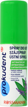 Prokudent Spray do Ust antybakteryjny Rossmann, zielono-biała butelka z ziołami, widok z przodu.
