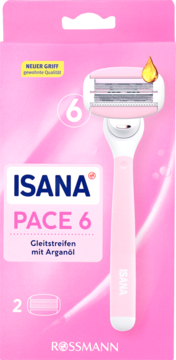 Isana Pace 6 maszynka do golenia w różowym opakowaniu z 6 ostrzami i olejkiem arganowym, plus 2 wkłady.