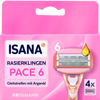 Różowe opakowanie ISANA Pace 6 Lady, 4 głowice z 6 ostrzami i olejkiem arganowym, widok z przodu.