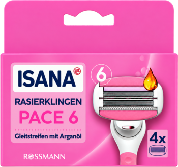 ISANA Rasierklingen Pace 6, różowe opakowanie 4 wkładów z 6 ostrzami i paskiem nawilżającym z arganem.