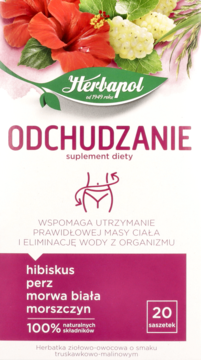 Herbapol ODCHUDZANIE herbatka ziołowo-owocowa w białym pudełku z hibiskusem, wspiera wagę i usuwa wodę.