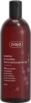 Ziaja szampon do włosów przetłuszczających się, lawendowy, ciemnoczerwona butelka, czarna nakrętka, widok z przodu.
