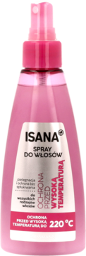 Isana spray termoochronny do włosów, różowa butelka z atomizerem, napis 220°C, widok z przodu.