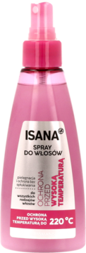 Isana spray termoochronny do włosów, różowa butelka z atomizerem, napis 220°C, widok z przodu.