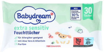 Opakowanie Babydream extra sensitiv Feuchttücher, 30 szt., z aloesem i alantoiną, bez zapachu, przód.