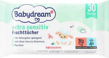 Biało-miętowe opakowanie chusteczek Babydream extra sensitiv 30 szt., z aloesem i alantoiną, widok z przodu.