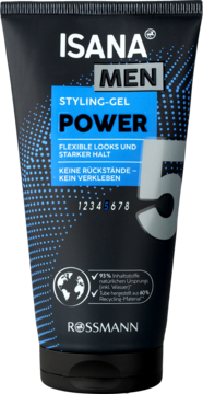 ISANA MEN STYLING-GEL POWER do włosów w czarnej tubce z niebieską etykietą, moc utrwalenia 5, widok z przodu.