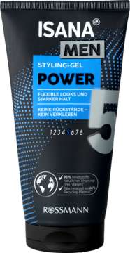 ISANA MEN STYLING-GEL POWER do włosów w czarnej tubce z niebieską etykietą, moc utrwalenia 5, widok z przodu.
