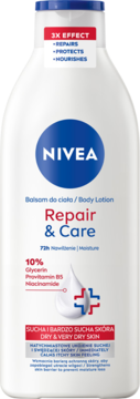 Biały balsam NIVEA Repair & Care dla suchej skóry, 72h nawilżenia, widok z przodu butelki z niebieską nakrętką.