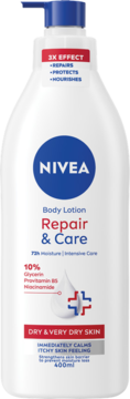 NIVEA Repair & Care body lotion, white bottle with blue pump, for dry skin, with glycerin, front view.