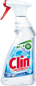 Clin Antifog do szyb z bio-alkoholem, przezroczysta butelka z białym spryskiwaczem, widok z przodu.