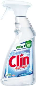 Clear Clin All in 1 Anti-Fog glass cleaner spray bottle with white nozzle, red logo, and 'Streak free' text.