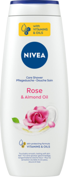 Biały żel pod prysznic NIVEA Rose & Almond Oil 500ml, nawilżający, z witaminami i olejkami, widok z przodu.