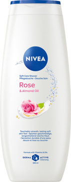 Biały żel pod prysznic NIVEA Rose & Almond Oil, 500ml, z etykietą ukazującą różę i migdały, widok z przodu.