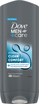 Szara butelka żelu Dove Men+Care Clean Comfort 400ml, 3w1 do ciała, twarzy i włosów, widok z przodu.