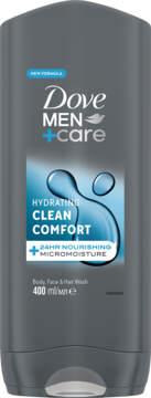 Szara butelka żelu Dove Men+Care Clean Comfort 400ml, 3w1 do ciała, twarzy i włosów, widok z przodu.