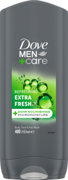 Dove MEN+CARE Extra Fresh 400ml, szary żel pod prysznic z zieloną etykietą i kroplami wody, widok od frontu.