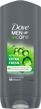 Szary żel Dove MEN+CARE Extra Fresh 400ml, z zieloną etykietą i kroplami. Widok z przodu, do ciała, twarzy i włosów.