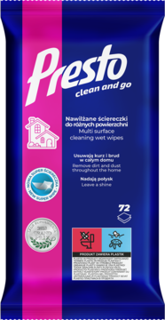 Presto Clean and Go nawilżane ściereczki multi surface, niebiesko-różowe opakowanie 72 sztuki, widok z przodu.