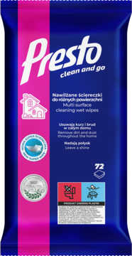 Presto Clean and Go nawilżane ściereczki multi surface, niebiesko-różowe opakowanie 72 sztuki, widok z przodu.