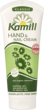 Kamill Classic Hand & Nail Cream z rumiankiem, biała tubka z zielonym wzorem kwiatów, widok z przodu.