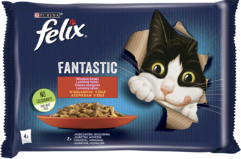 Felix Fantastic karma mokra wołowina/kurczak, niebieskie opakowanie z ilustracją kota, widok z przodu.