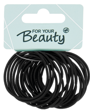 Czarne cienkie gumki do włosów na niebieskiej tekturowej zawieszce "FOR YOUR Beauty", widok z przodu.